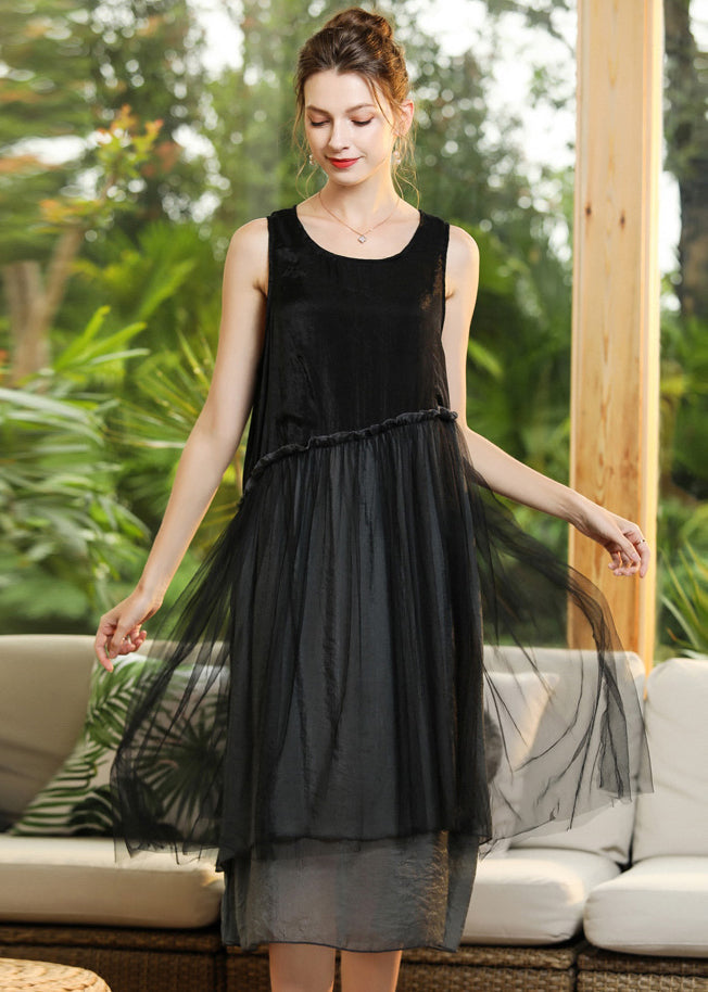 Elegant Black O-Neck Patchwork Tulle Long Dresses Sleeveless