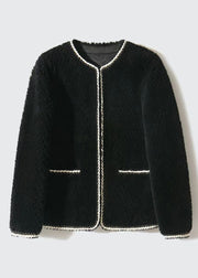 Elegant Black O Neck Pockets Patchwork Wool Coat Winter