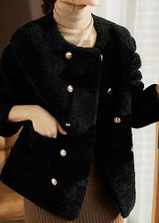 Elegant Black O Neck Pockets Patchwork Wool Coats Winter