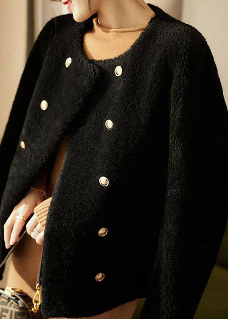 Elegant Black O Neck Pockets Patchwork Wool Coats Winter