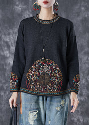 Elegant Black O-Neck Print Cotton Blouses Fall