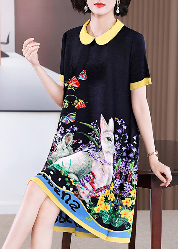 Elegant Black O-Neck Print Long a Line Dress Short Sleeve