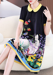 Elegant Black O-Neck Print Long a Line Dress Short Sleeve