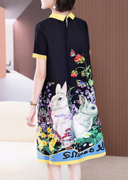 Elegant Black O-Neck Print Long a Line Dress Short Sleeve