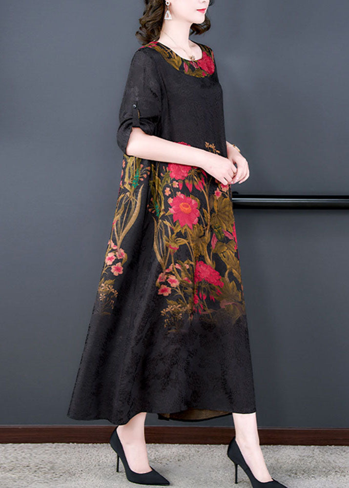 Elegant Black O Neck Print Patchwork Silk Long Dress Summer