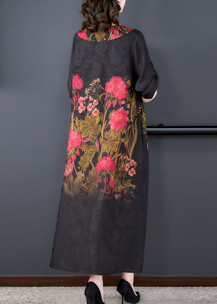 Elegant Black O Neck Print Patchwork Silk Long Dress Summer