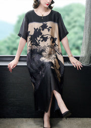 Elegant Black O Neck Print Patchwork Silk Long Dresses Summer