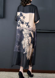 Elegant Black O Neck Print Patchwork Silk Long Dresses Summer