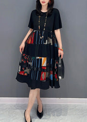 Elegant Black O-Neck Print Patchwork Tulle Long Dress Short Sleeve