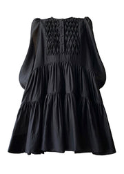 Elegant Black O-Neck Print Silk Mid Dress Long Sleeve