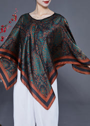 Elegant Black O-Neck Print Silk Shawl