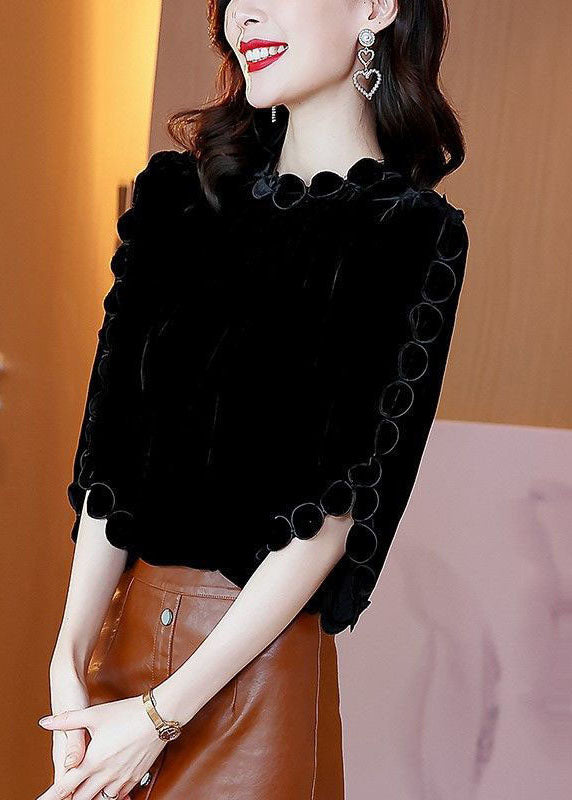 Elegant Black O-Neck Solid Color Original Design Velour Shirt Top Flare Sleeve