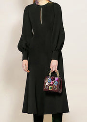 Elegant Black O-Neck Solid Cotton Dress Lantern Sleeve