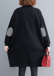 Elegant Black O-Neck Striped Patchwork Mid Dress Long Sleeve