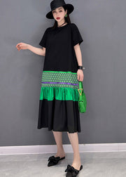 Elegant Black O-Neck T Shirt Patchwork Fishtail Dress Short Sleeve