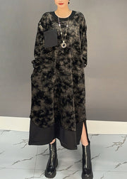 Elegant Black O-Neck Tie Dye Side Open Silk Velvet Maxi Dress Winter