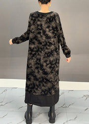 Elegant Black O-Neck Tie Dye Side Open Silk Velvet Maxi Dress Winter