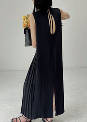 Elegant Black O-Neck Wrinkled Chiffon Long Dress Summer
