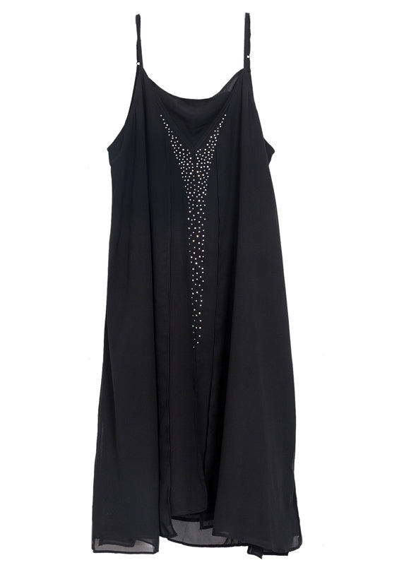 Elegant Black Oversized Diamond Chiffon Spaghetti Strap Dress Summer