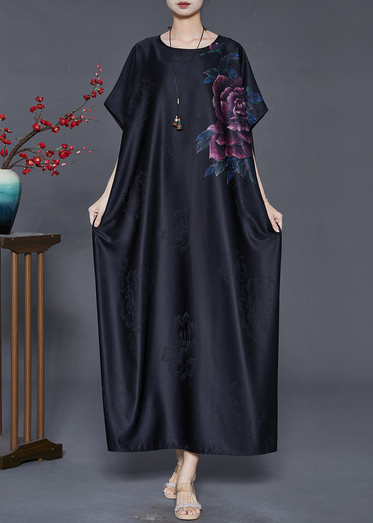 Elegant Black Oversized Floral Jacquard Silk Dresses Summer