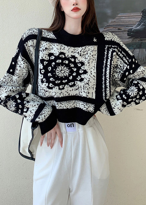 Elegant Black Oversized Jacquard Knit Short Sweater Spring