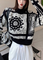 Elegant Black Oversized Jacquard Knit Short Sweater Spring