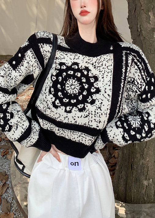 Elegant Black Oversized Jacquard Knit Short Sweater Spring