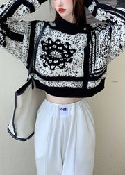 Elegant Black Oversized Jacquard Knit Short Sweater Spring