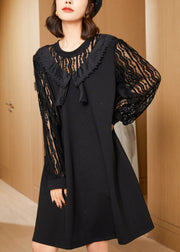 Elegant Black Oversized Lace Patchwork Hollow Out Spandex Dress Spring