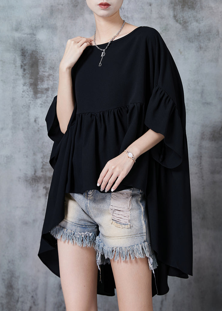 Elegant Black Oversized Low High Design Chiffon Tops Summer