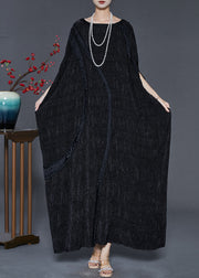 Elegant Black Oversized Patchwork Cotton Long Dress Batwing Sleeve