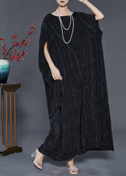 Elegant Black Oversized Patchwork Cotton Long Dress Batwing Sleeve