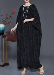 Elegant Black Oversized Patchwork Cotton Long Dress Batwing Sleeve