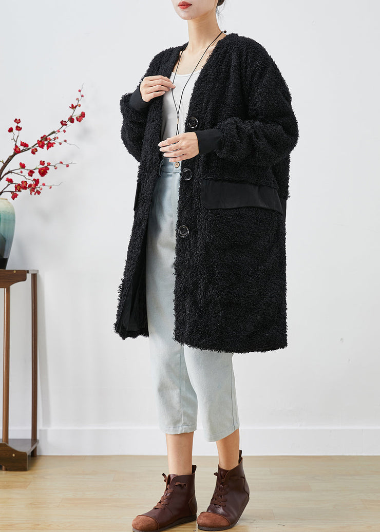 Elegant Black Oversized Patchwork Faux Fur Teddy Coat Fall