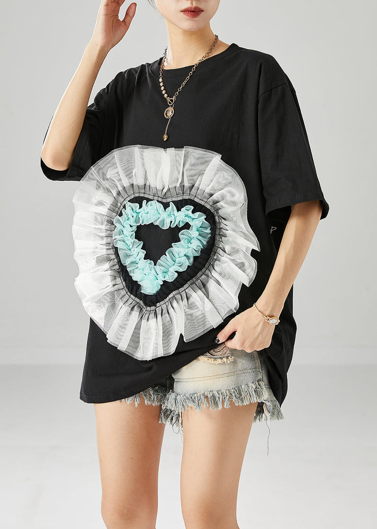 Elegant Black Oversized Patchwork Love Appliqued Cotton Tank Tops Summer