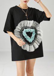 Elegant Black Oversized Patchwork Love Appliqued Cotton Tank Tops Summer