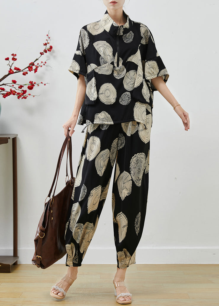 Elegant Black Oversized Print Chiffon Two Piece Set Summer