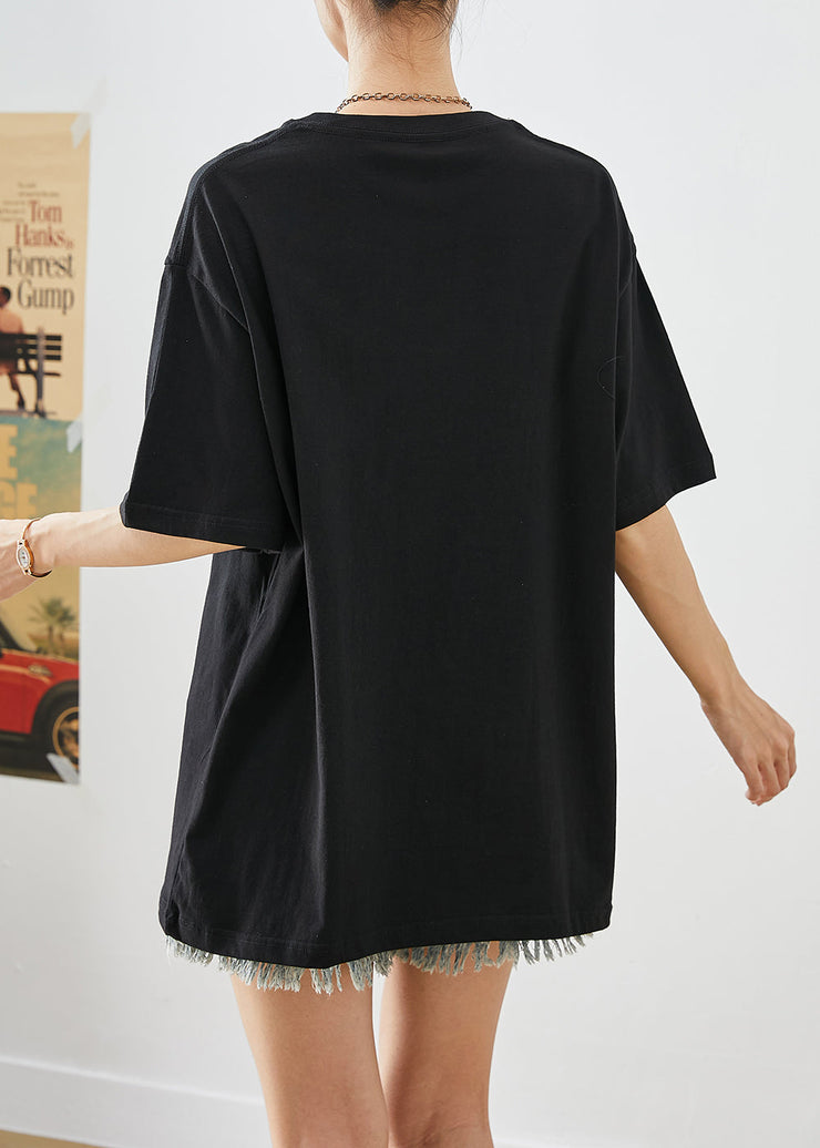 Elegant Black Oversized Print Cotton Tops Summer