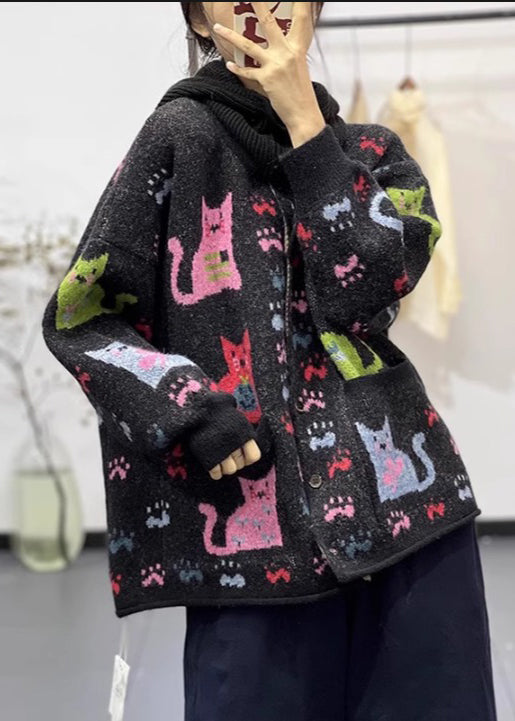 Elegant Black Oversized Print Denim Knit Jackets Spring