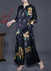 Elegant Black Oversized Print Draping Silk Two Pieces Set