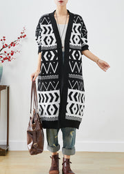 Elegant Black Oversized Print Knit Long Cardigans Fall