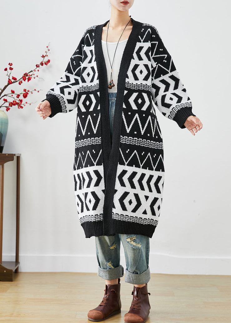 Elegant Black Oversized Print Knit Long Cardigans Fall