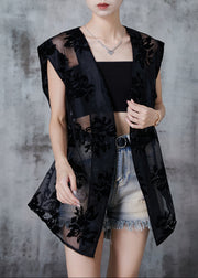 Elegant Black Oversized Print Tulle Shirt Tops Sleeveless