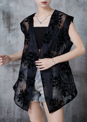 Elegant Black Oversized Print Tulle Shirt Tops Sleeveless