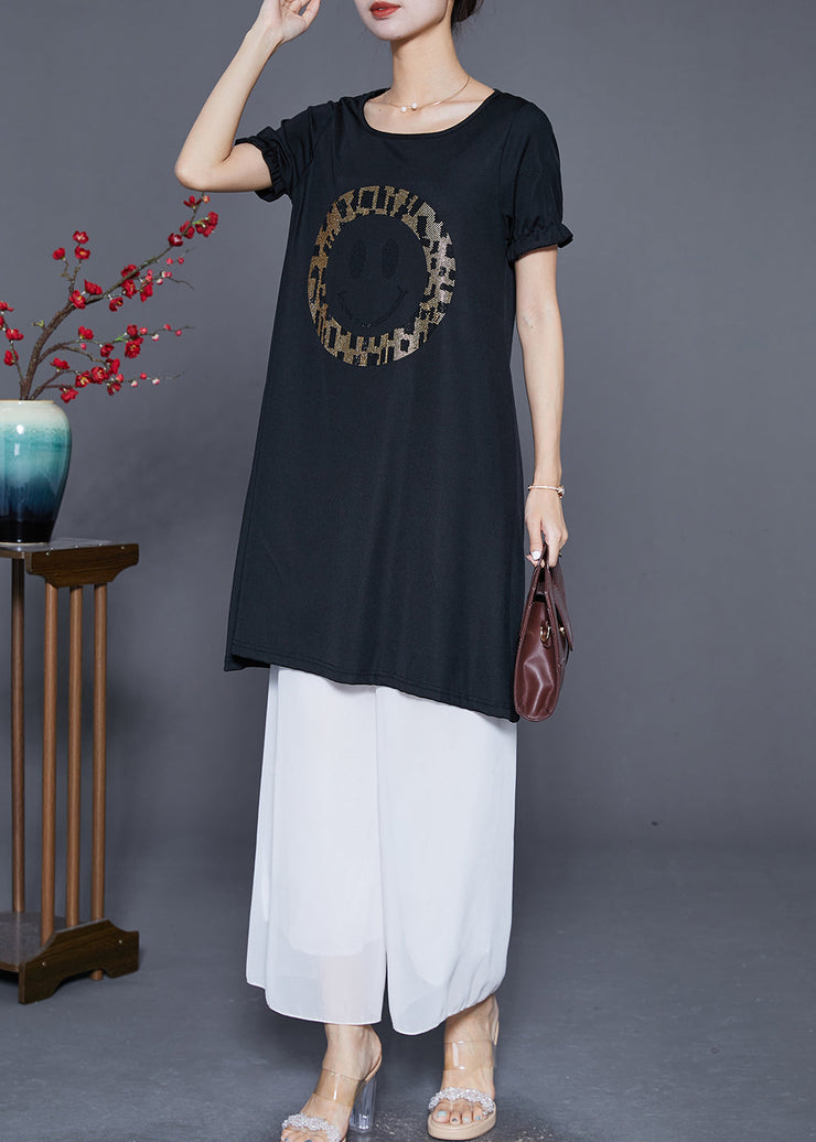 Elegant Black Oversized Smiling Face Zircon Chiffon Dresses Summer