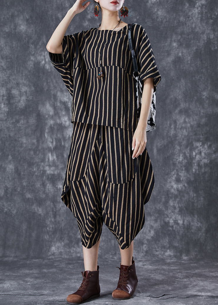 Elegant Black Oversized Striped Linen Women Sets 2 Pieces Summer