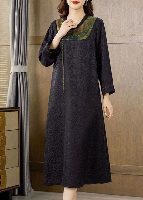 Elegant Black Patchwork Jacquard Silk Long Dress Fall