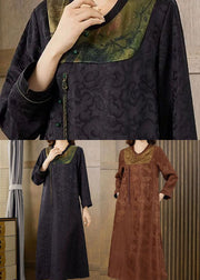 Elegant Black Patchwork Jacquard Silk Long Dress Fall