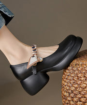 Elegant Black Pearl Splicing Buckle Strap Genuine Leather High Heels