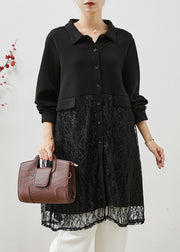 Elegant Black Peter Pan Collar Patchwork Lace Dress Fall